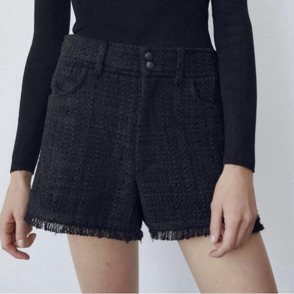 Zara Pants - Zara Black Tweed Textured Adorable High Waisted Frayed Hem Shorts‎